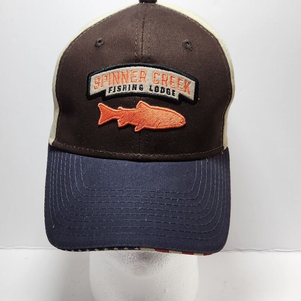 Fishing Lodge hat, Spinner Creek Brown and Tan Back, Navy Bill w/Stars & Stripe